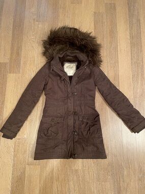 Abercrombie & Fitch Women's Brown Coat Jacket Faux Fur Trim Vintage Y2K